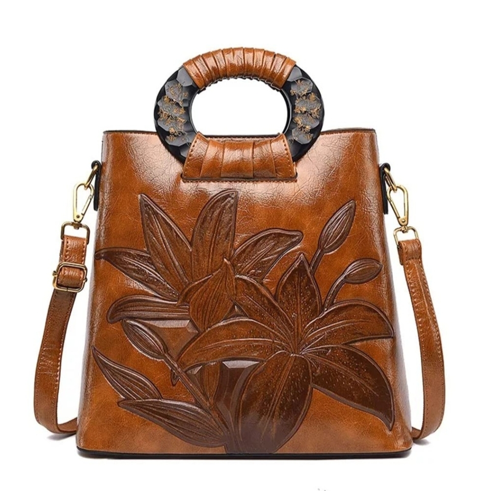 Brown Floral Embossed Women's Bag